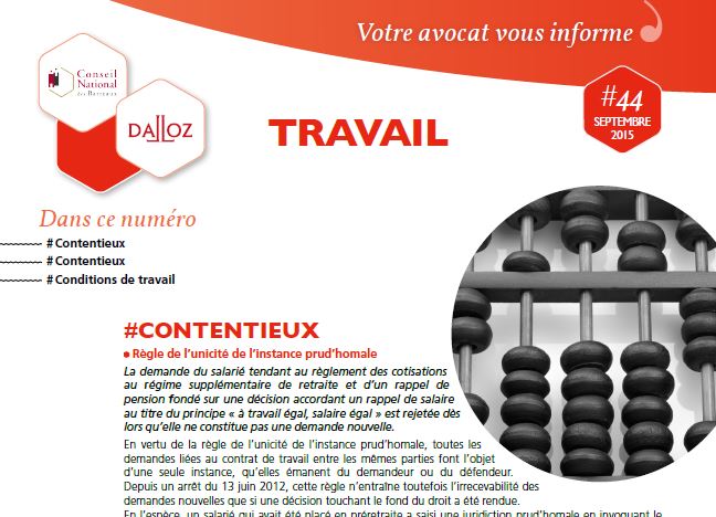 Actualité droit social septembre 2015 - Newsletter Dalloz mise à disposition par le cabinet CUARTERO 